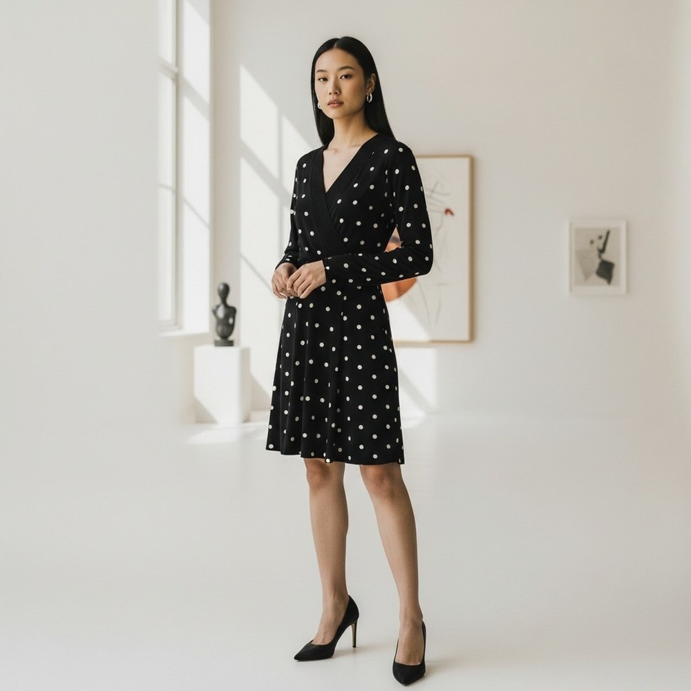 WHBM Polka Dot Faux Wrap Women's Dress Black White Long Sleeve Fit Flare Size 4